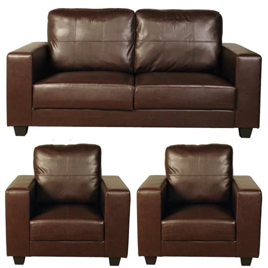 Okul Faux Leather 3 Seater Sofa And 2 Armchairs Suite In Brown