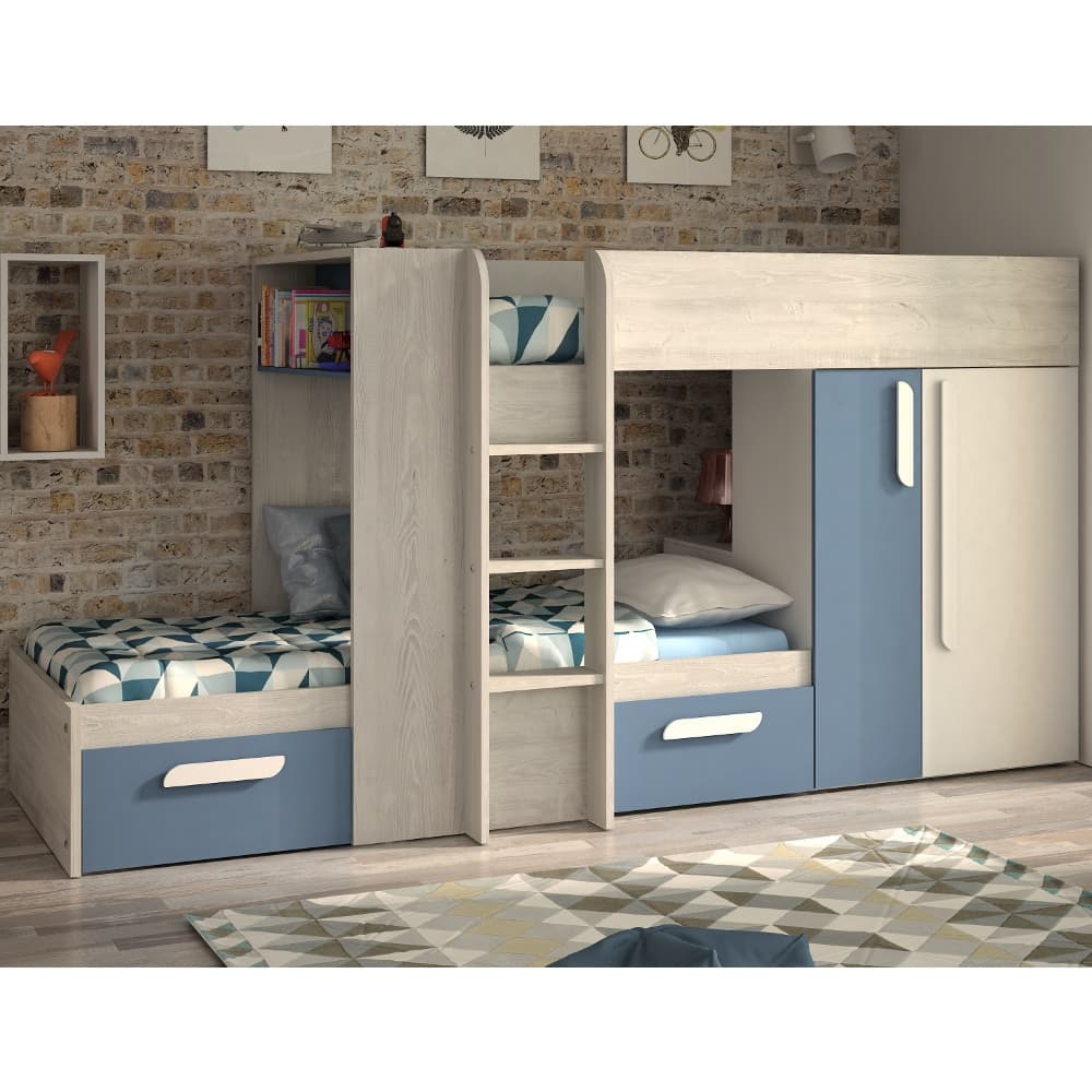 Barca Blue and Oak Wooden Bunk Bed Frame - EU Single