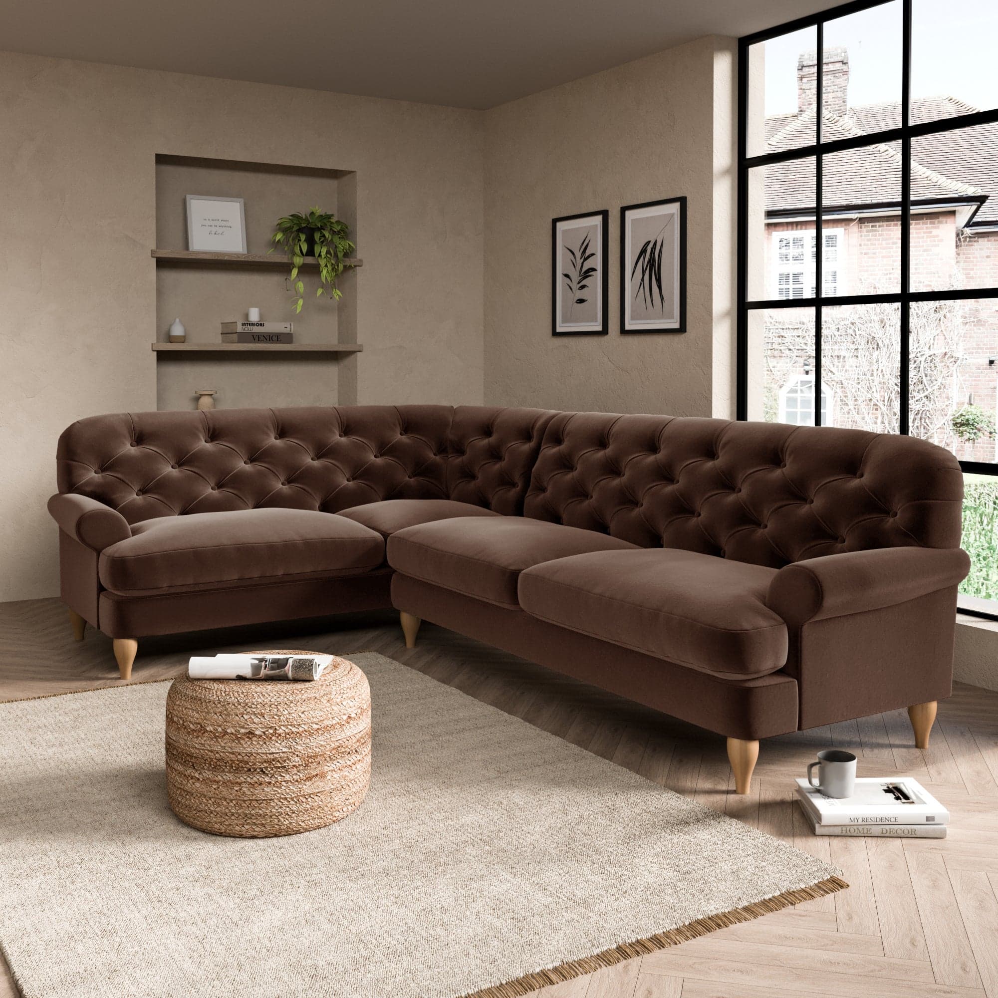 Canterbury Luxury Velvet Left Hand Corner Sofa Brown