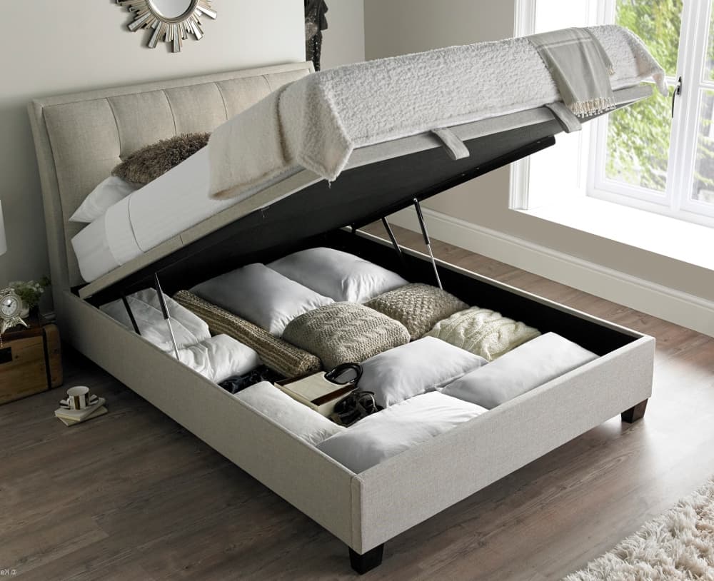 Accent Oatmeal Fabric Ottoman Storage Bed Frame - 5ft King Size