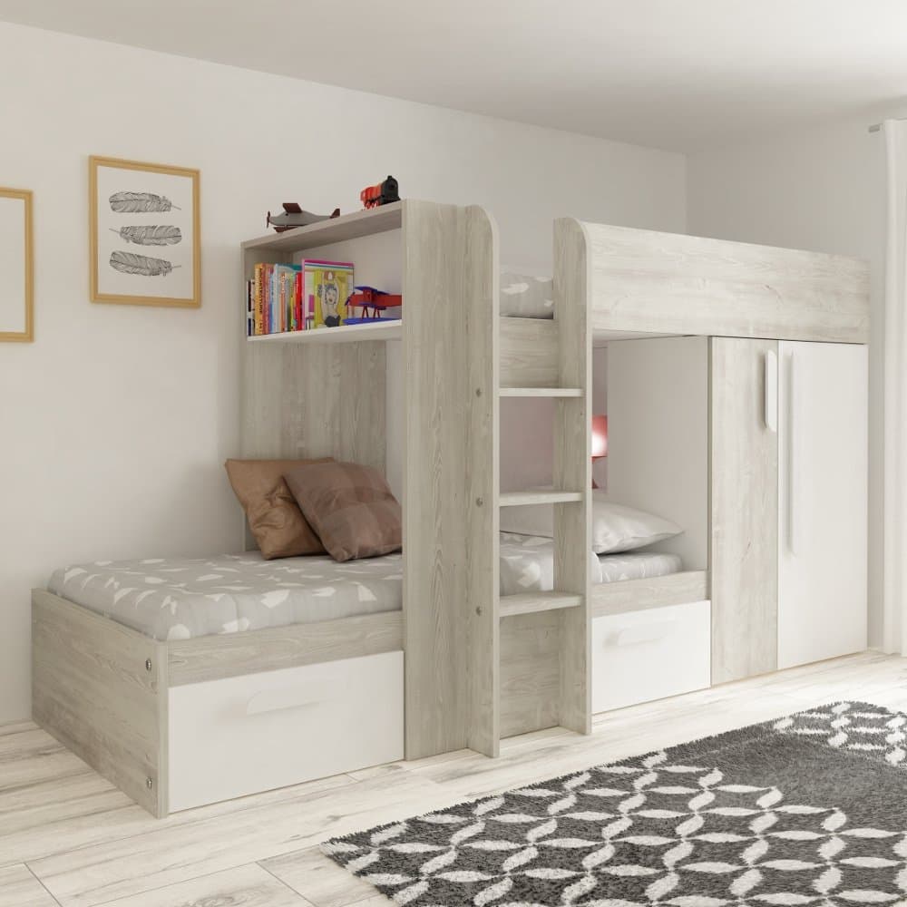 Barca White and Oak Wooden Bunk Bed Frame - EU Single