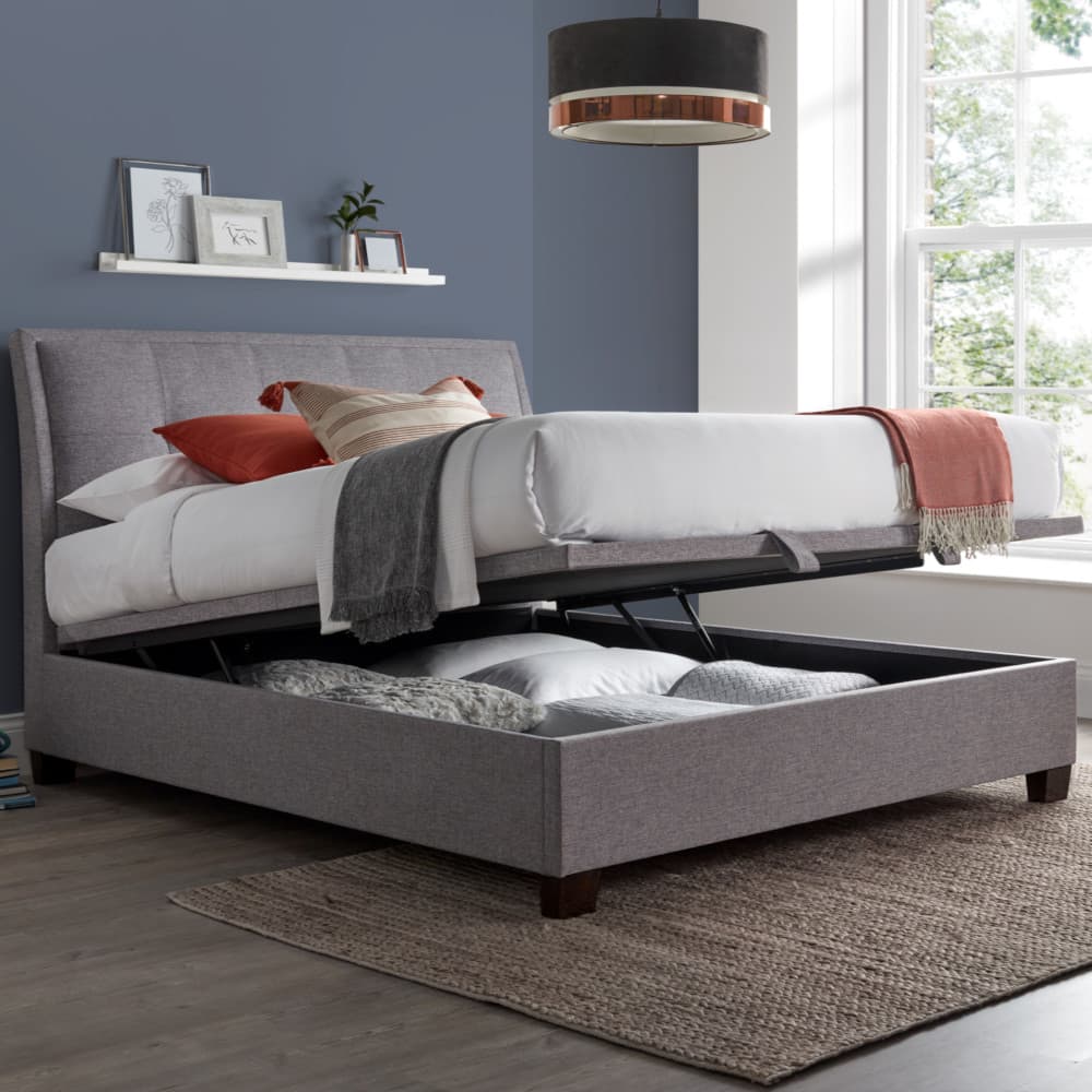 Accent Light Grey Fabric Ottoman Storage Bed Frame - 5ft King Size
