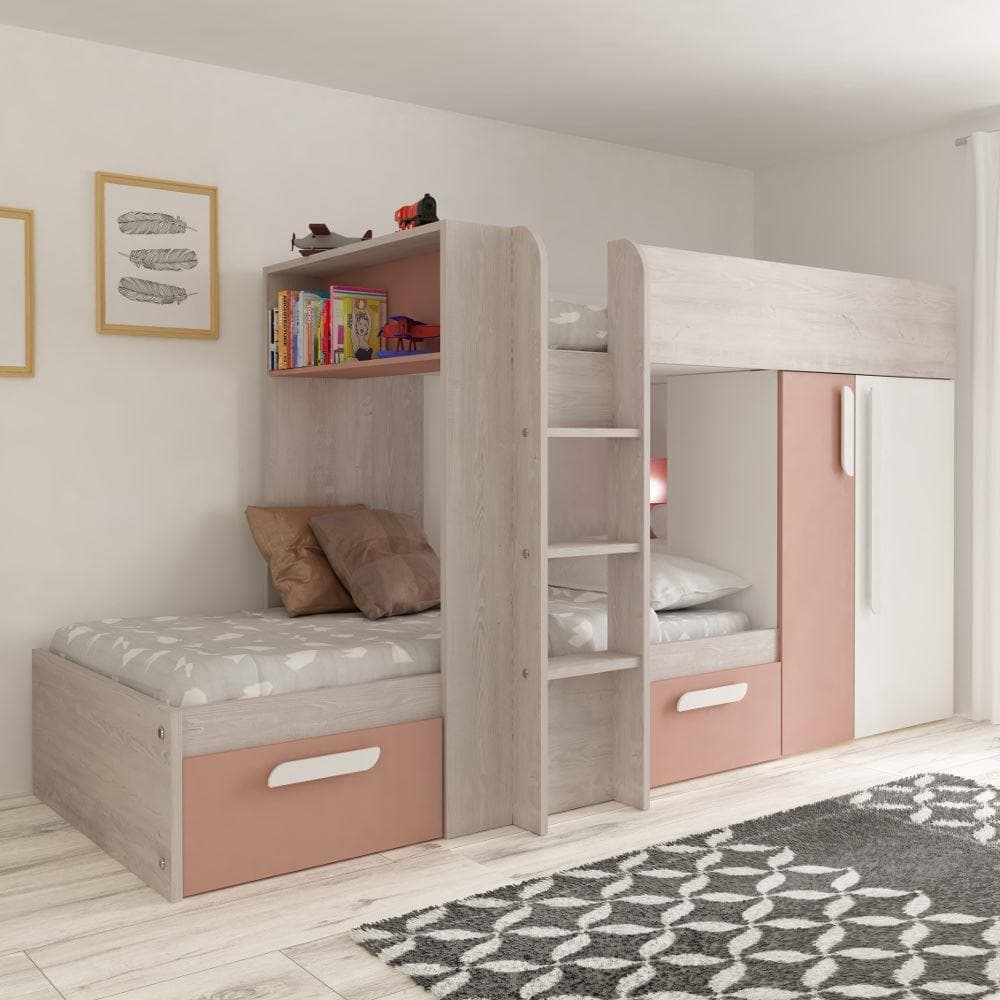 Barca Pink and Oak Wooden Bunk Bed Frame - EU Single