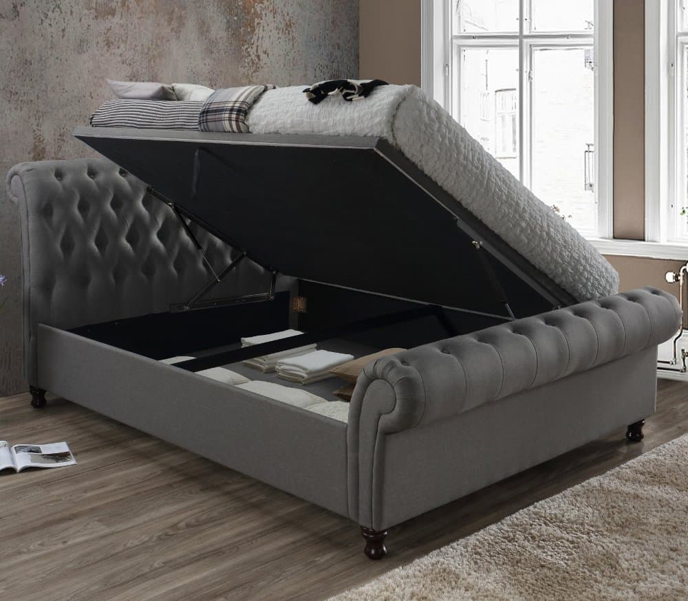 Castello Grey Fabric Ottoman Scroll Sleigh Bed - 5ft King Size