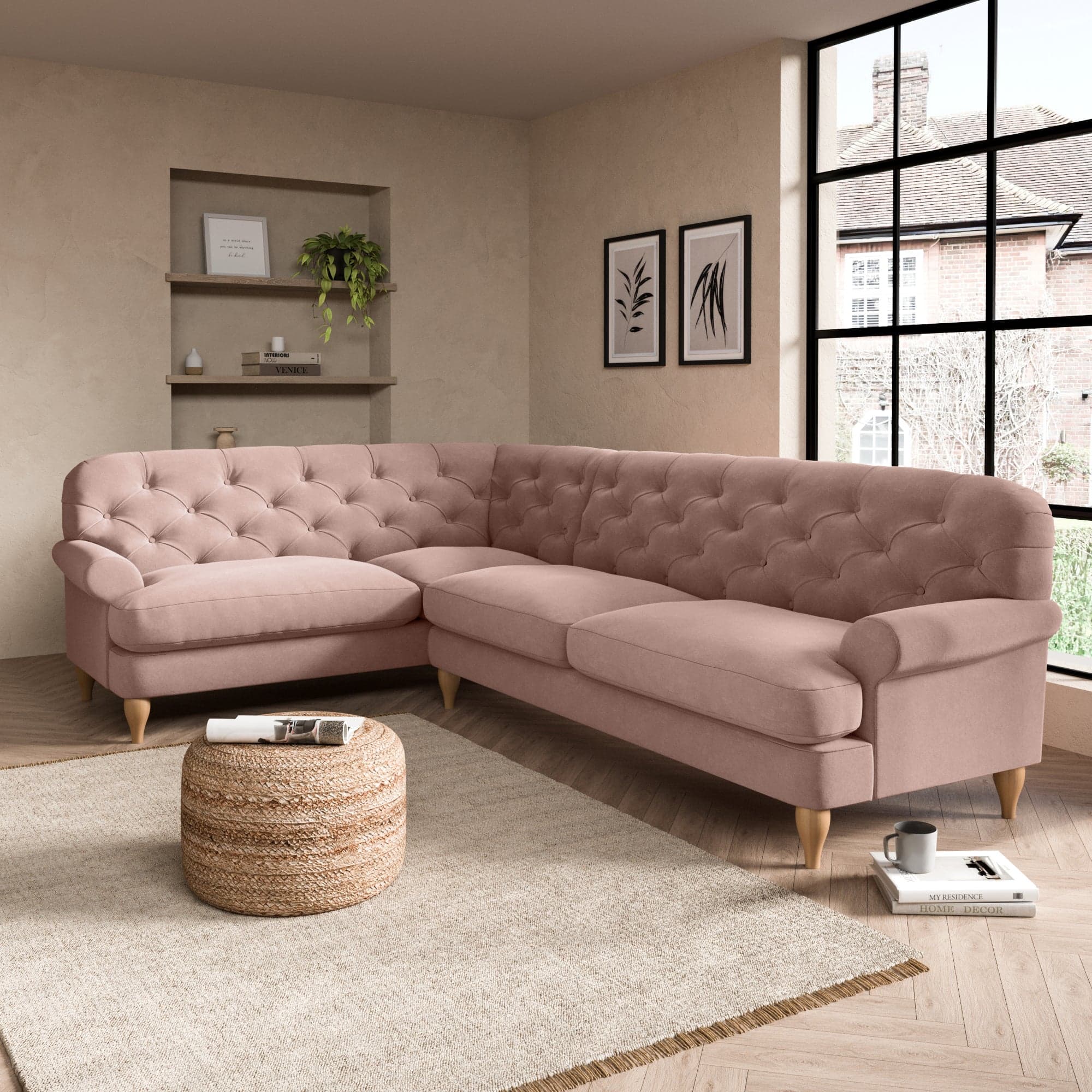 Canterbury Luxury Velvet Left Hand Corner Sofa Luxury Velvet Peach Blush