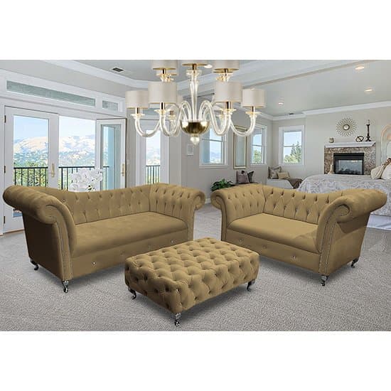 Izu Plush Velvet 2 Seater And 3 Seater Sofa Suite In Parchment
