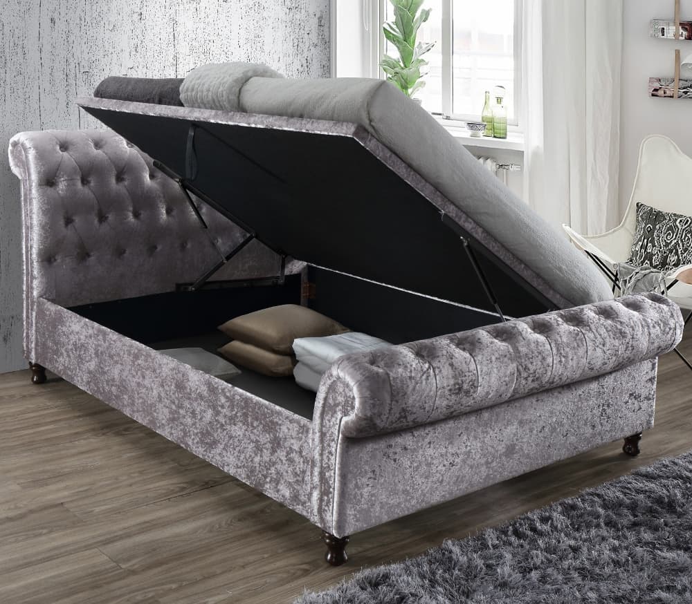 Castello Steel Fabric Ottoman Scroll Sleigh Bed - 5ft King Size
