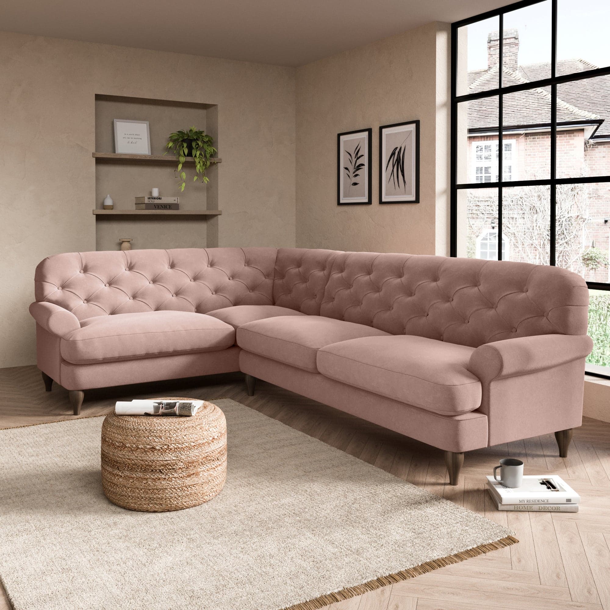 Canterbury Luxury Velvet Left Hand Corner Sofa Luxury Velvet Peach Blush