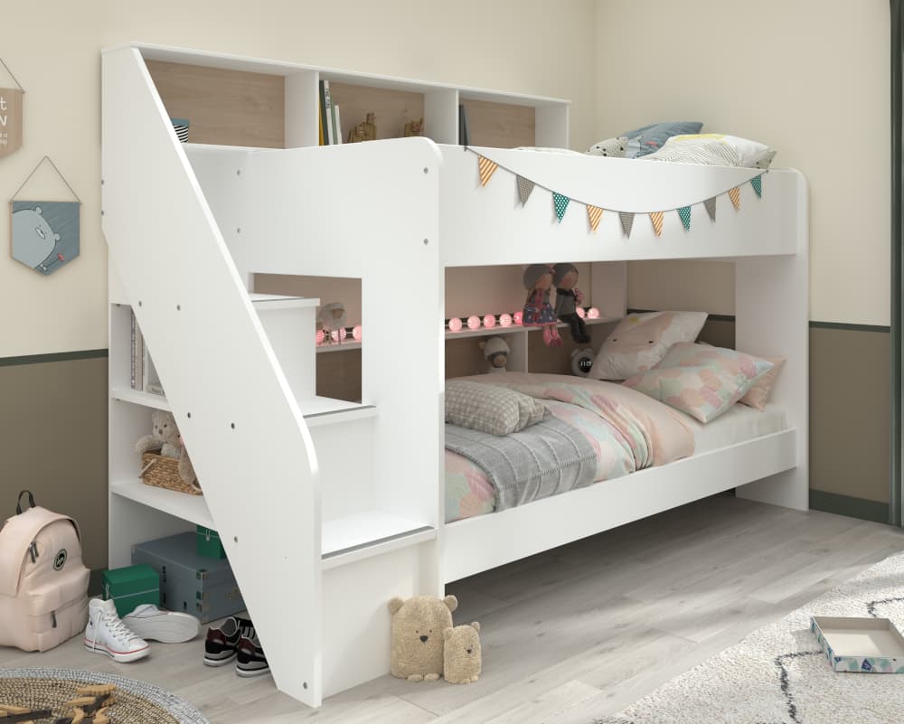 Bibliobed White and Oak Staircase Bunk Bed - EU Single