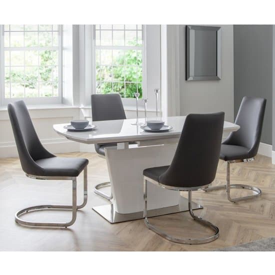 Como Extending Dining Set In White High Gloss With 4 Grey Chairs