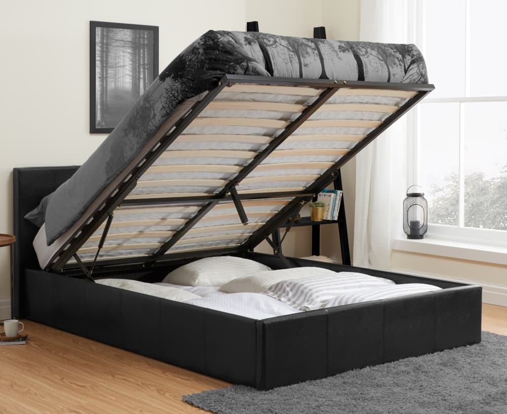 Berlin Black Leather Ottoman Storage Bed Frame - 5ft King Size